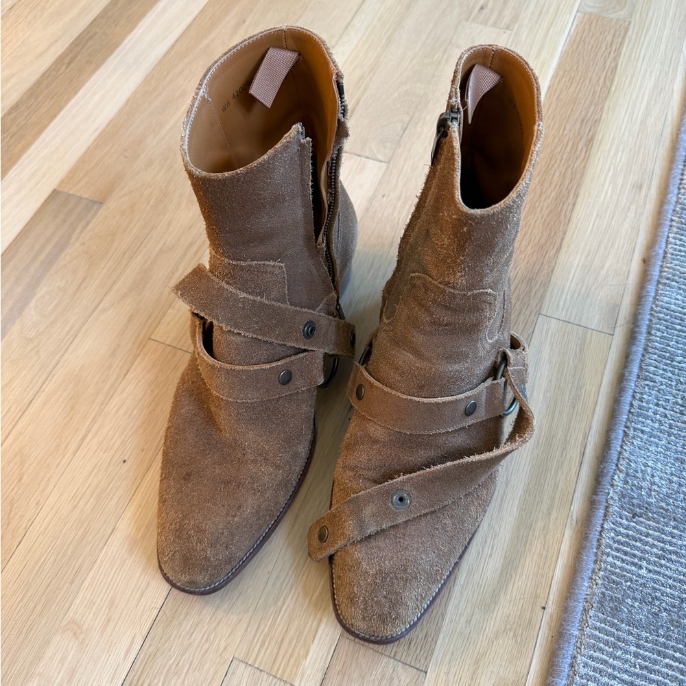 Saint Laurent Wyatt harness boots in brown suede